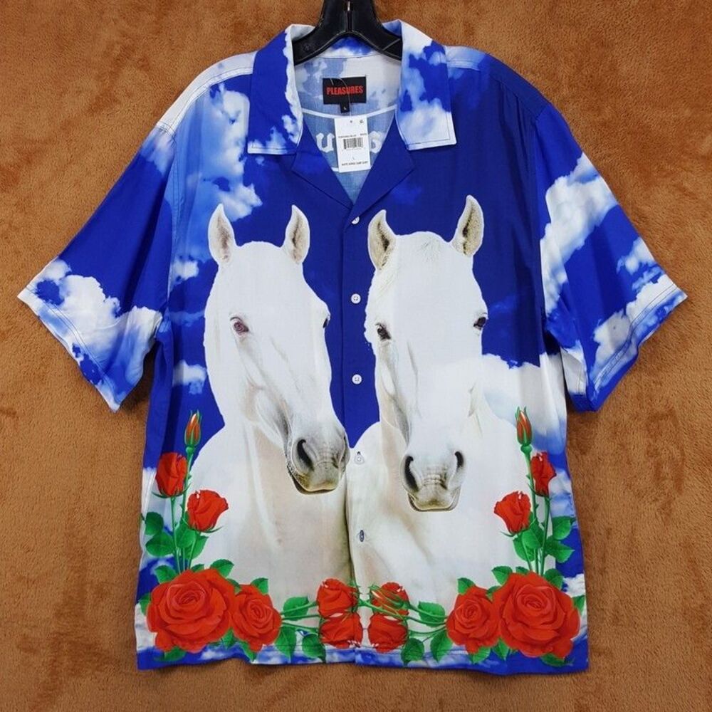 PLEASURES Button Shirt Mens Large Blue Graphic Floral Clouds Horse $100